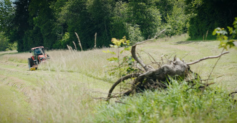 Un tas de branches et à l'arrière-plan un tracteur fauche une prairie extensive